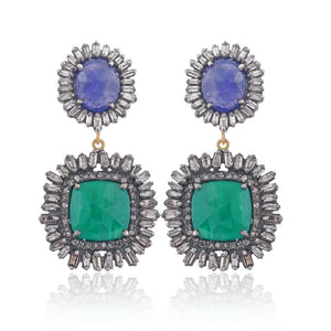 Natural Emerald Tanzanite Diamond Baguettes 925 Silver Dangle Earrings EAMJ-608