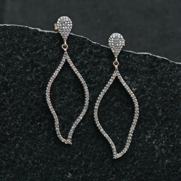 14k Gold Genuine Pave Diamond Dangle Earrings 925 Solid Silver Vintage Jewelry