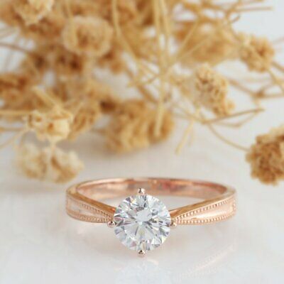 1 ct Full White Moissanite Solitaire Engagement Ring, Milgrain Ring 14K Gold