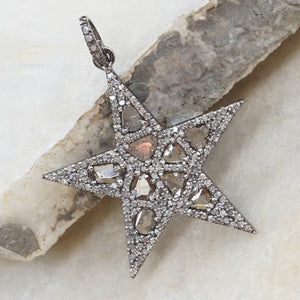 925 Silver Natural Diamond Slice Pave Star Pendant 18" Chain Religious Jewelry