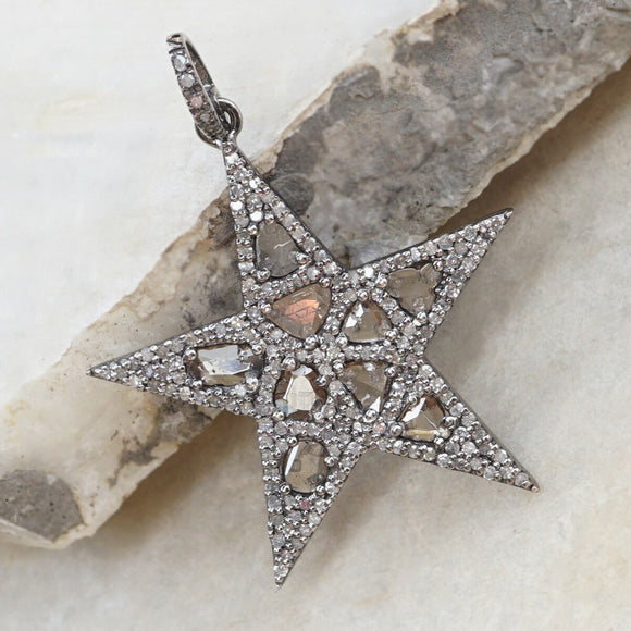 925 Silver Natural Diamond Slice Pave Star Pendant 18