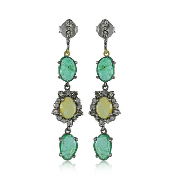 Natural Gemstone Emerald Opal Diamond 925 Silver Gold Earrings Jewelry EAMJ-930