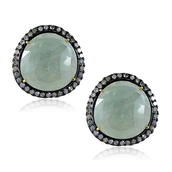 925 Silver Natural Sapphire Pave Diamond Gemstone Handmade Stud Earrings Jewelry