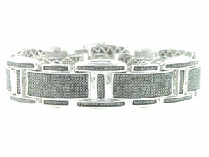 Mens White Gold Finish Black Diamond Round Cut Pave Set Bracelet Bangle 8.5 Inch