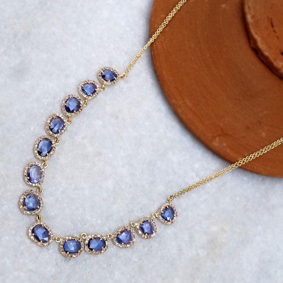 14k Yellow Gold Natural Blue Sapphire Pave Diamond Necklace Wedding Jewelry Gift