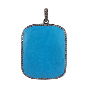 0.81cts Blue Turquoise Gemstone Pave Diamond 925 Silver Handmade Pendant Jewelry