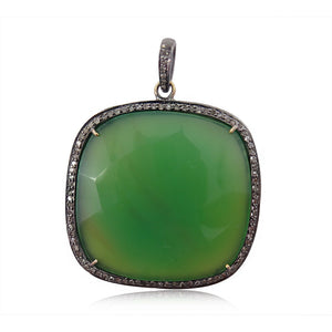 Natural Chrysoprase Pave Diamond 925 Silver Handmade Cushion Pendant Jewelry