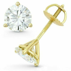 2 Ct Round Cut Moissanite Earrings 14K Yellow Gold Over 3 Prong Solitaire Studs