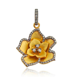 Natural Pave Diamond 925 Silver Gold Plated Beautiful Flower Pendant Jewelry