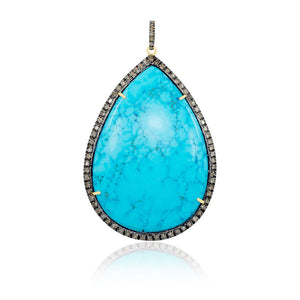 Pave Diamond Blue Turquoise Pendant Solid 925 Sterling Silver Handmade Jewelry