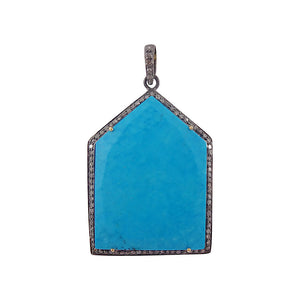 28.94cts Blue Turquoise Pave Diamond 925 Silver Pentagon Shape Pendant Jewelry