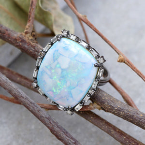 Beautiful Opal Gemstone Baguette Diamond 925 Silver Ring Gemstone Jewelry US 7