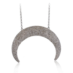 Crescent Moon Diamond Pave Set Pendant Chain Necklace 925 Solid Silver Jewelry