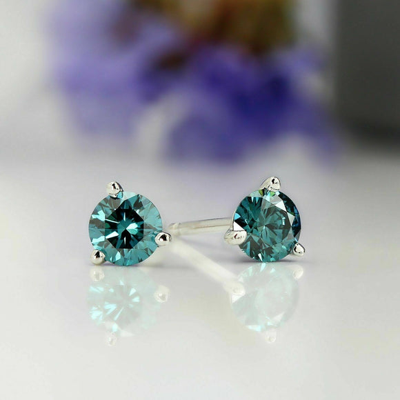 14K White Gold Over Martini Stud Earrings Screw Back 2.00 CT Round Blue Diamond