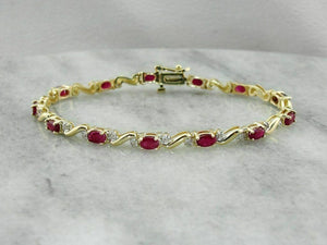 Estate Ruby And Diamond 14K Yellow Gold S-Link Tennis Bracelet Over Silver 7.5"