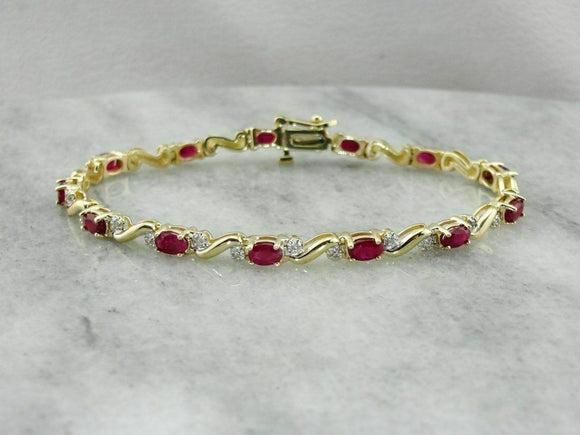 Estate Ruby And Diamond 14K Yellow Gold S-Link Tennis Bracelet Over Silver 7.5