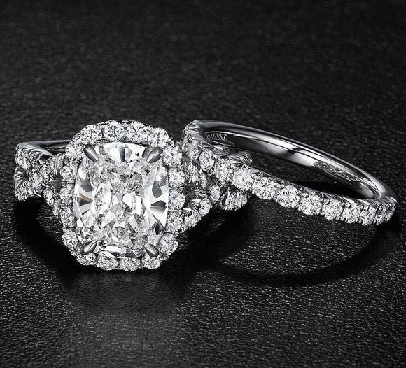 2 tcw Cushion Cut Moissanite Halo Engagement Ring & Bridal Set in 14k White Gold