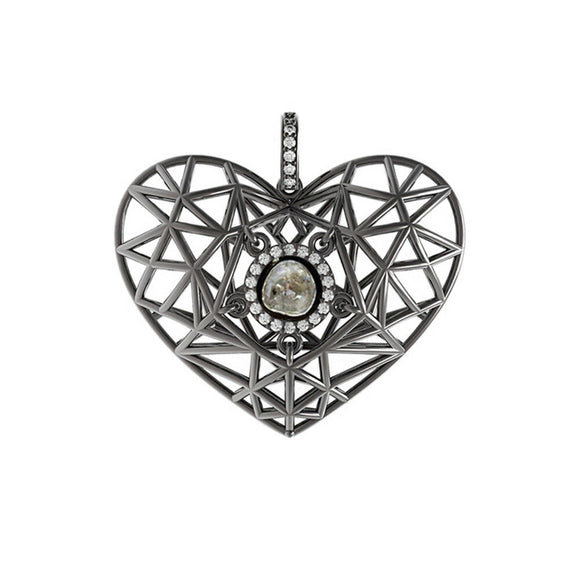 Natural Pave White Diamond Polki Cage Heart Pendant 925 Silver Love Jewelry Gift