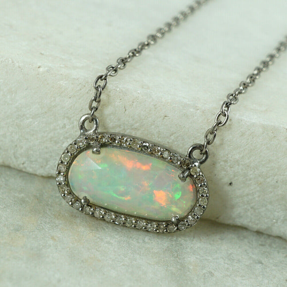 Pave Diamond Opal Pendant Necklace Sterling Silver Wedding Jewelry Special Gifts