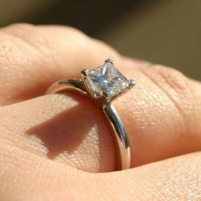 14k White Gold Fn 1 Ct Princess Cut Diamond Solitaire 4-Prong Engagement Ring