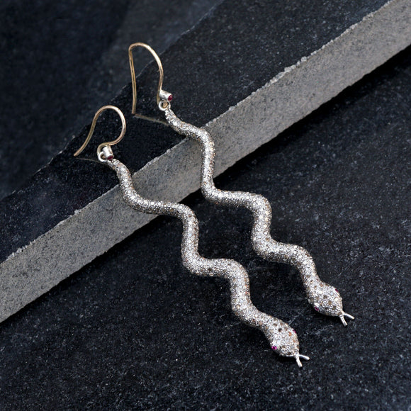 Genuine Pave Diamond Ruby 925 Silver Snake Earrings Handmade Animal Jewelry GIFT