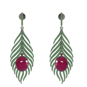 Feather Dangle Earrings Pink Ruby Chrome Diopside Fine 925 Silver Womens Jewelry