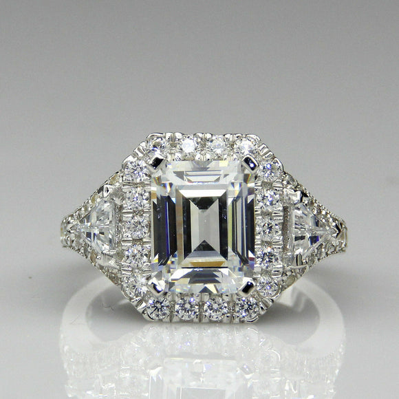 Emerald Cut 2 ct Moissanite Halo Antique Filigree 925 Silver Engagement Ring