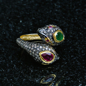 Pave Diamond Emerald Ruby Double Face Snake Ring Solid Silver Vintage Jewelry