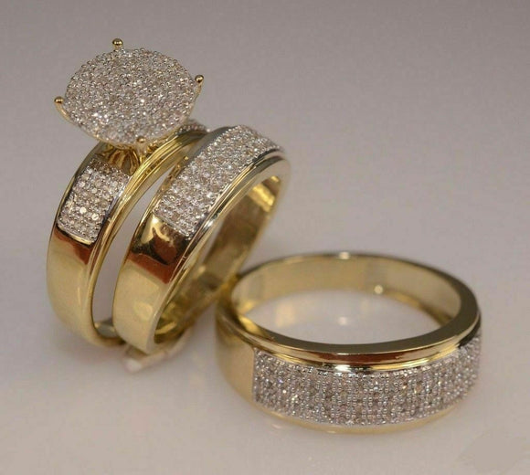 Trio Ring Diamond Wedding Bridal Set Engagement His Her 14k Yellow Gold Over