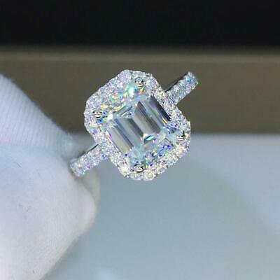 14k White Gold Over HALO Ring 2.00 CT Emerald Cut D/VVS1 Diamond Engagement Ring