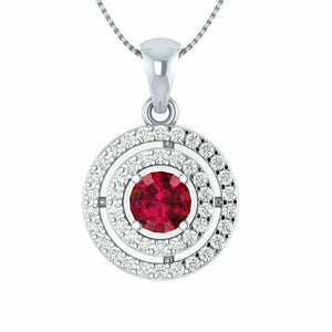 Sterling Silver 1.50CT Round Cut Red Ruby Double HALO Pendant With 18" Chain