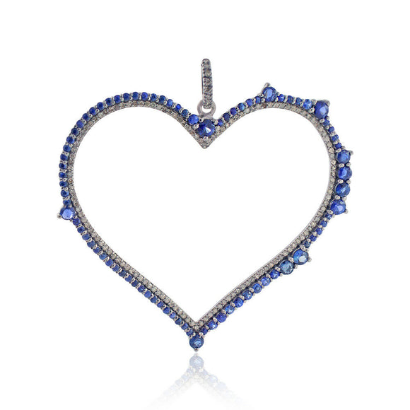 Genuine Diamond Pave Blue Sapphire Heart Pendant Chain Necklace Silver Jewelry