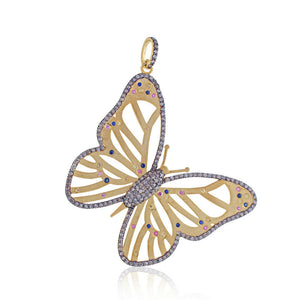 Pave Diamond Multi Gemstone 925 Silver Gold Plated Butterfly Pendant PEMJ-934