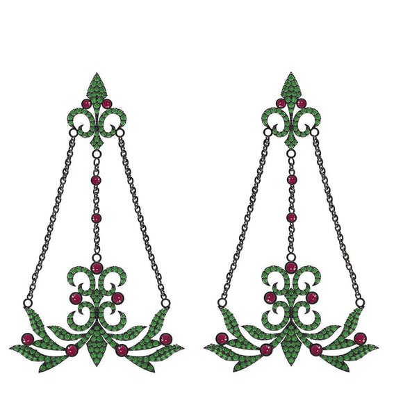 2.24ct Natural Chrome Diopside Ruby Pave 925 Silver Link Chain Designer Earrings