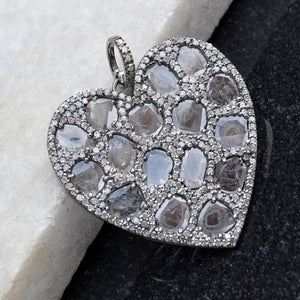 Natural Slice Diamond Heart Pendant 925 Silver 18" Chain Necklace Pave Jewelry