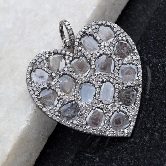 Natural Slice Diamond Heart Pendant 925 Silver 18