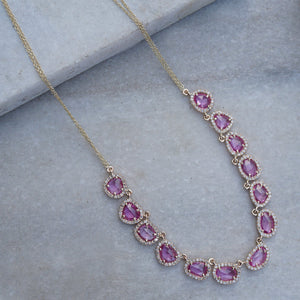 14k Solid Yellow Gold Natural Pink Sapphire Gemstone Pave Diamond 18" Necklace