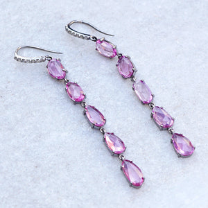 Genuine Pave Diamond Pink Sapphire Gemstone Long Earrings 925 Silver Jewelry