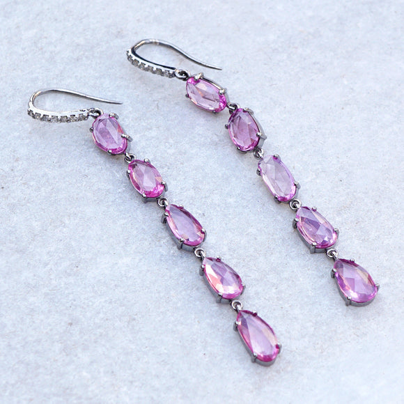 Genuine Pave Diamond Pink Sapphire Gemstone Long Earrings 925 Silver Jewelry