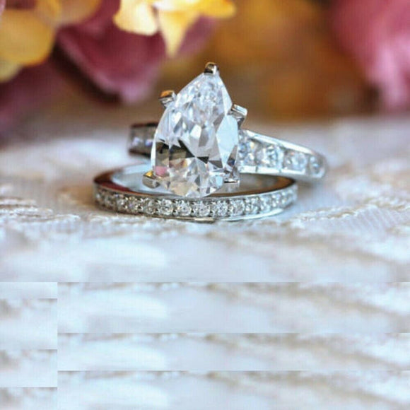 3 Ct Pear Cut Diamond Solitaire Engagement Ring Bridal Set In 14K White Gold Fn