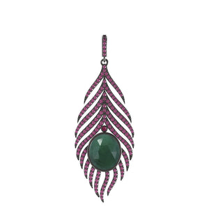 11.02cts Natural Emerald Pave Ruby Gemstone 925 Silver Feather Pendant Jewelry