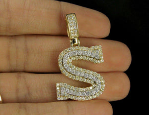 "S" Initial Custom 3D Letter 2.00 CT Diamond Charm Pendant 10K Yellow Gold Over