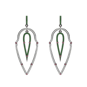 .925 Silver Natural Pave Diamond Ruby Chrome Diopside Dangle Earrings Jewelry