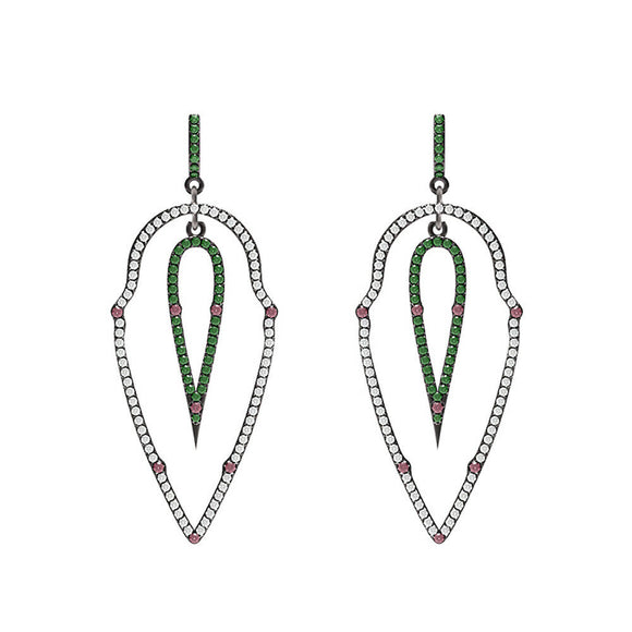 .925 Silver Natural Pave Diamond Ruby Chrome Diopside Dangle Earrings Jewelry