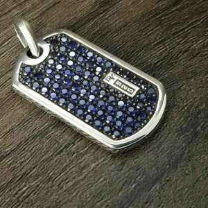 DY925 Round Cut Blue Sappgire 18k White Gold Finish Heavy Unisex Dog Tag Pendant