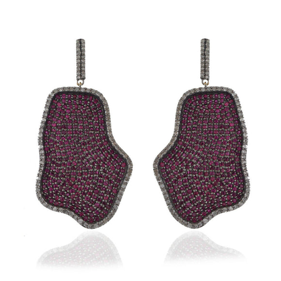 Beautiful Natural Ruby Pave Diamond 925 Sterling Silver Dangle Earrings Jewelry