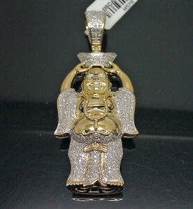 10K Yellow Gold Over Smiling Buddha Charm Pendant With 1.20 CT Diamond 2.5"