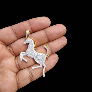 10K Yellow Gold Over Pendant Diamond Unicorn Race Horse Charm 2.2" 1.06CT Silver