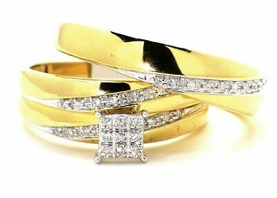 14k Yellow Gold Over Diamond Bridal Wedding Band Engagement Ring Trio Set 1/4 Ct