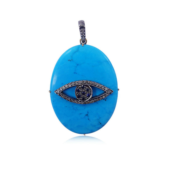 Blue Turquoise Gemstone Diamond Evil Eye Pendant 925 Sterling Silver Jewelry